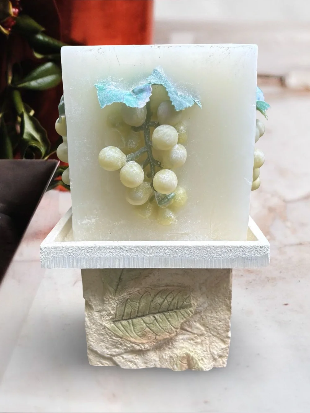Luxury Estate Vintage Faux-Stone Pedestal & Grape Relief Art Candle Set